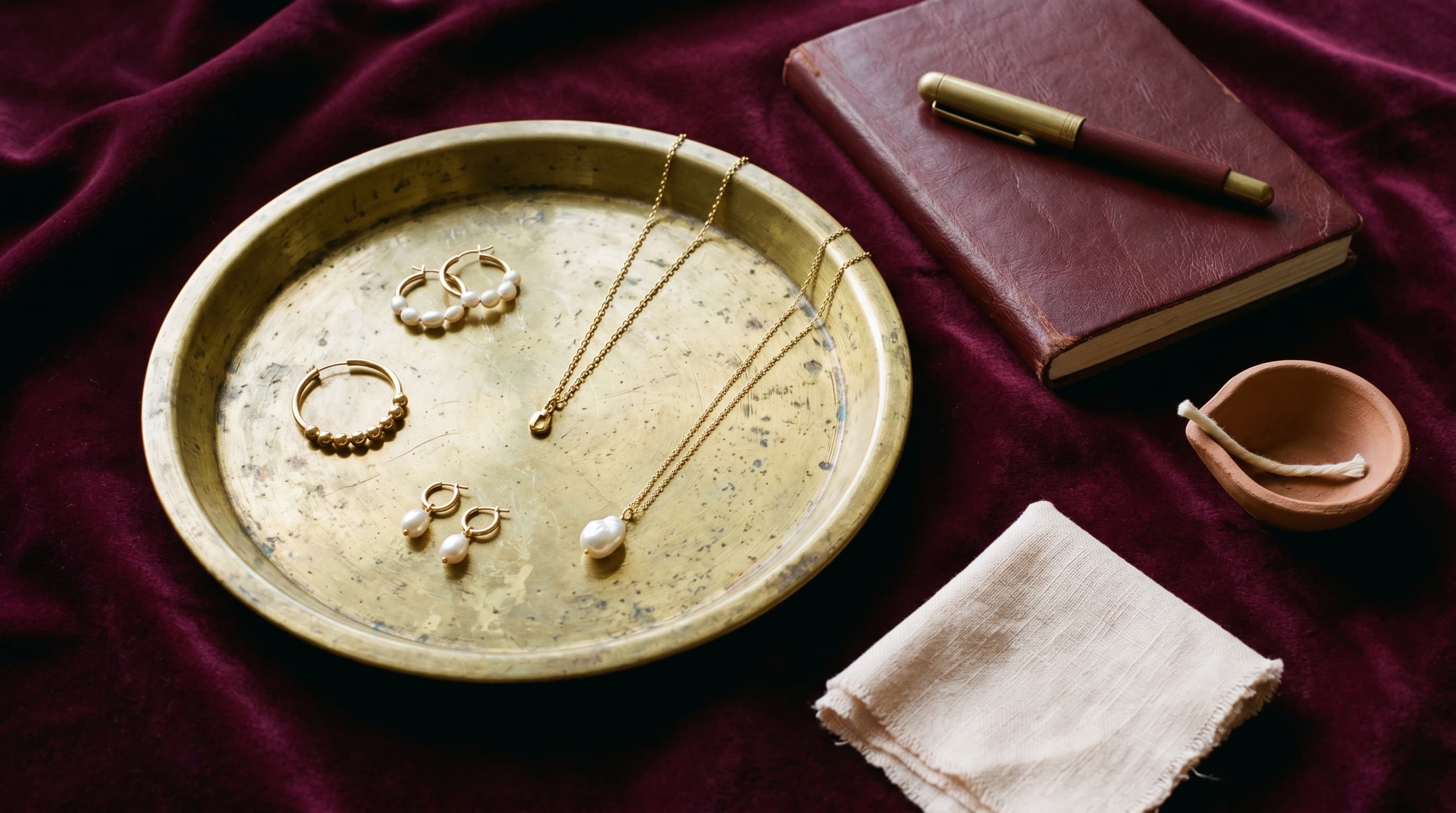 Muskaan's curated workspace — brass tray, jewellery, notes, on burgundy velvet