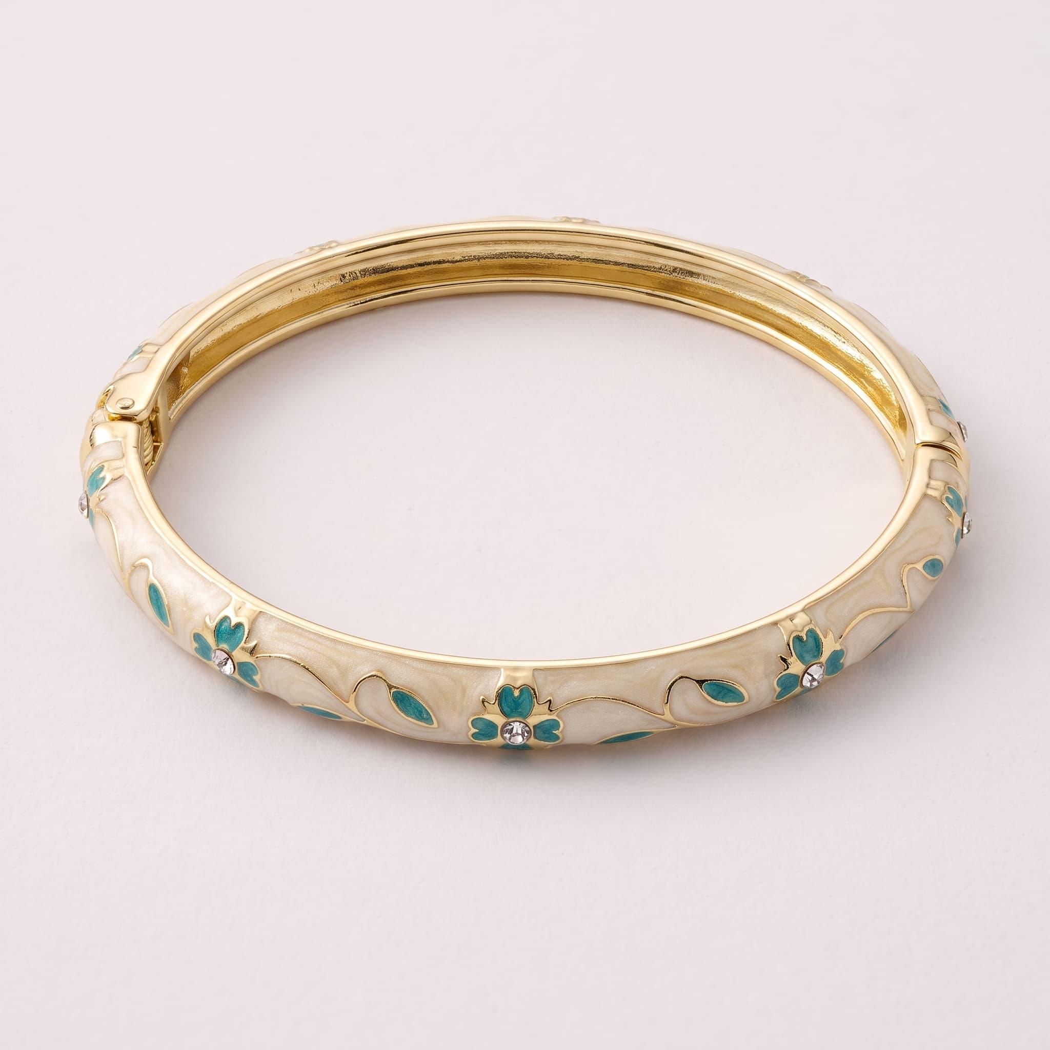 enamel floral hinged gold bangle