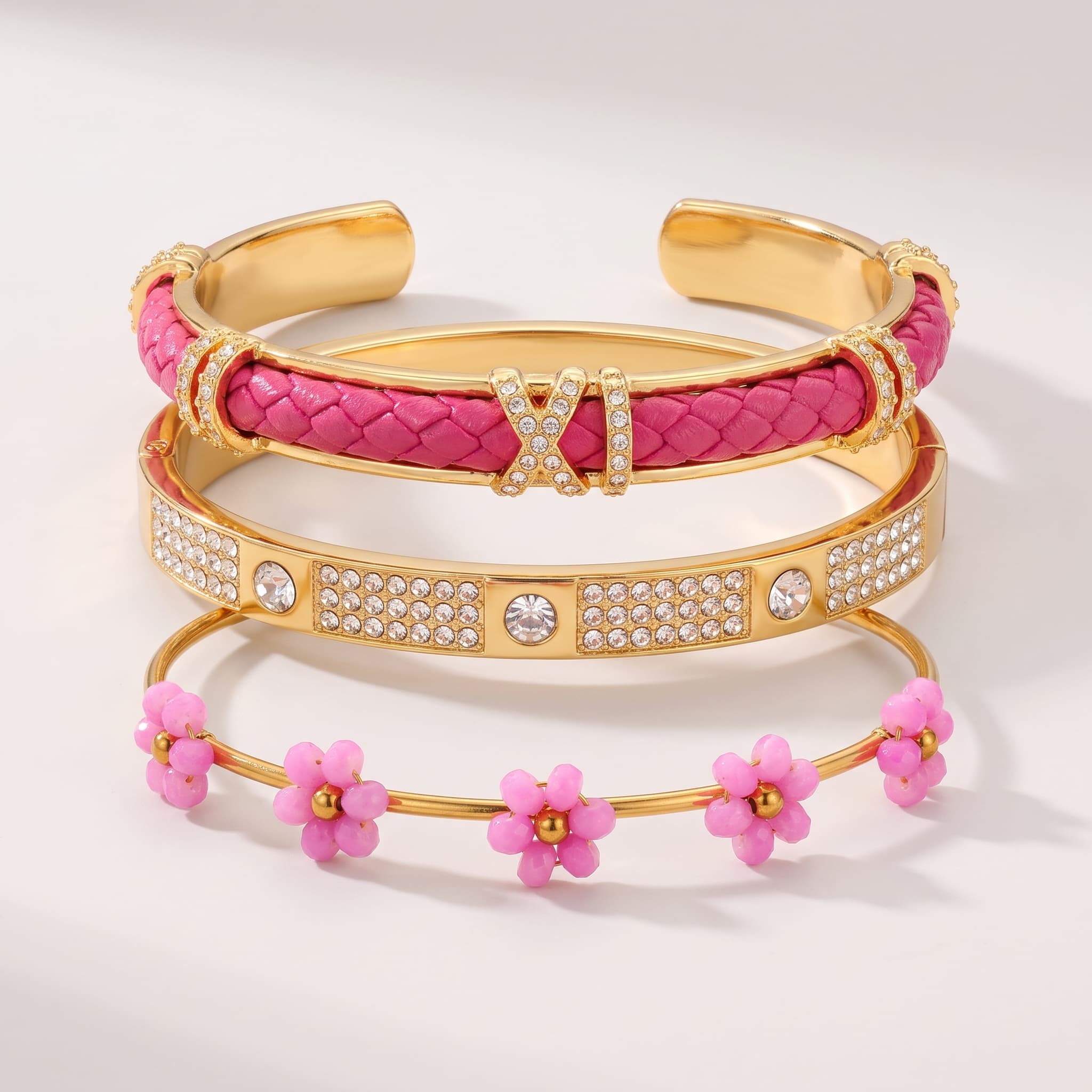 pink and gold layered bracelet set