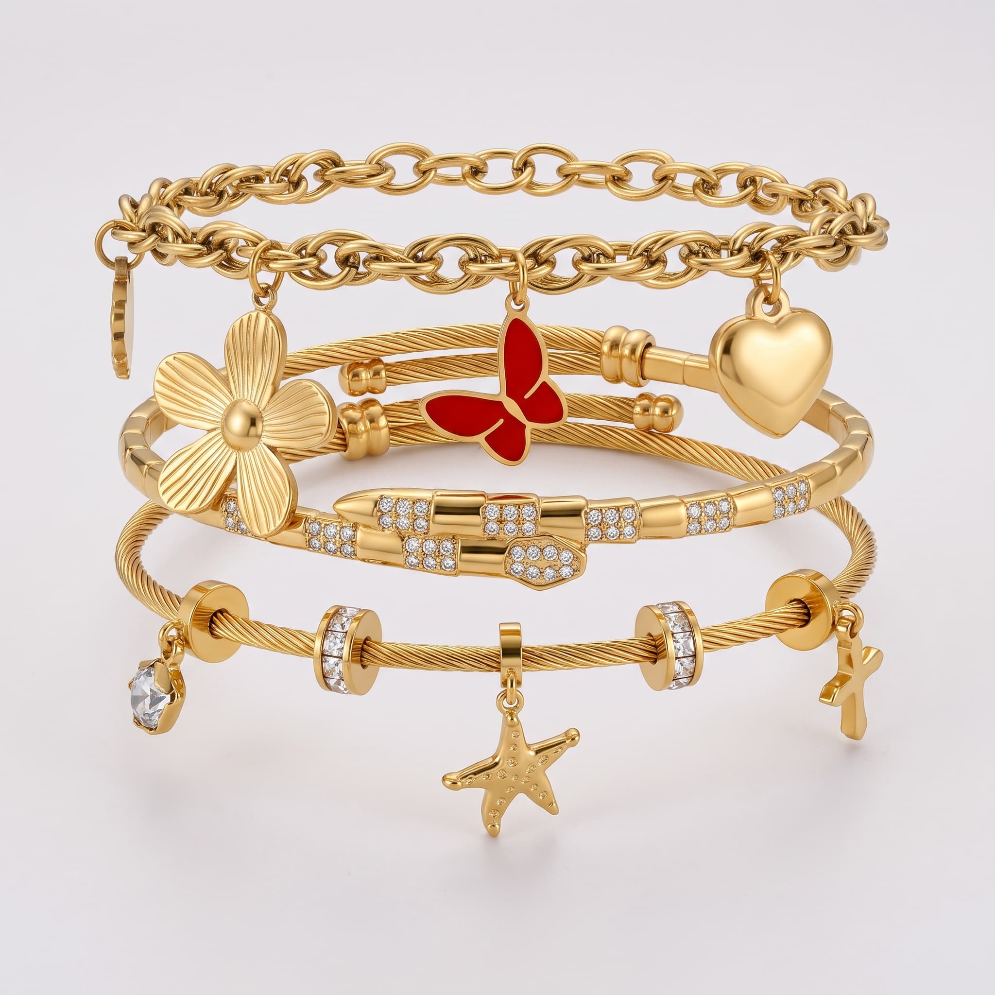 golden charm stackable bracelet set