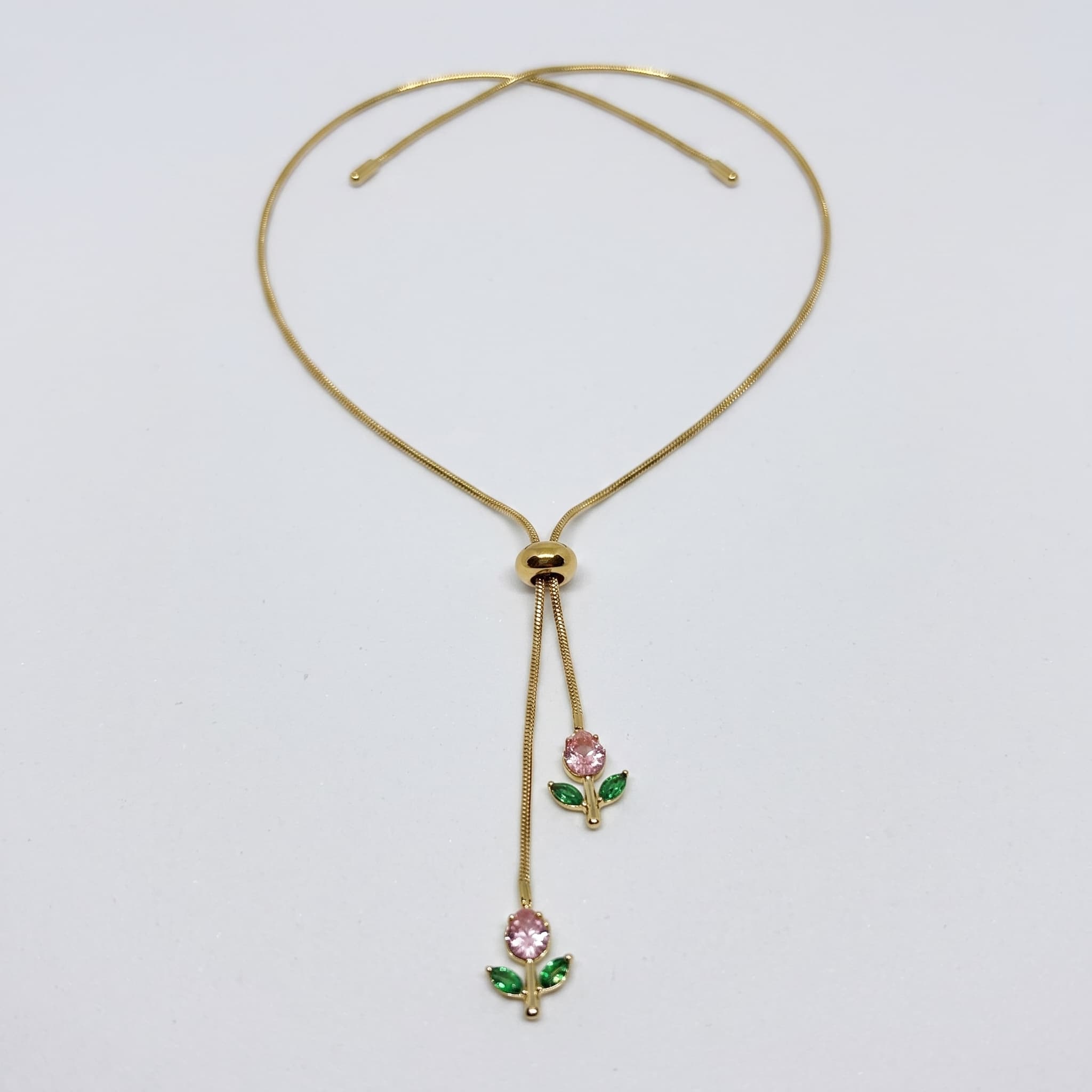 simple pink and green tulip slider lariat necklace