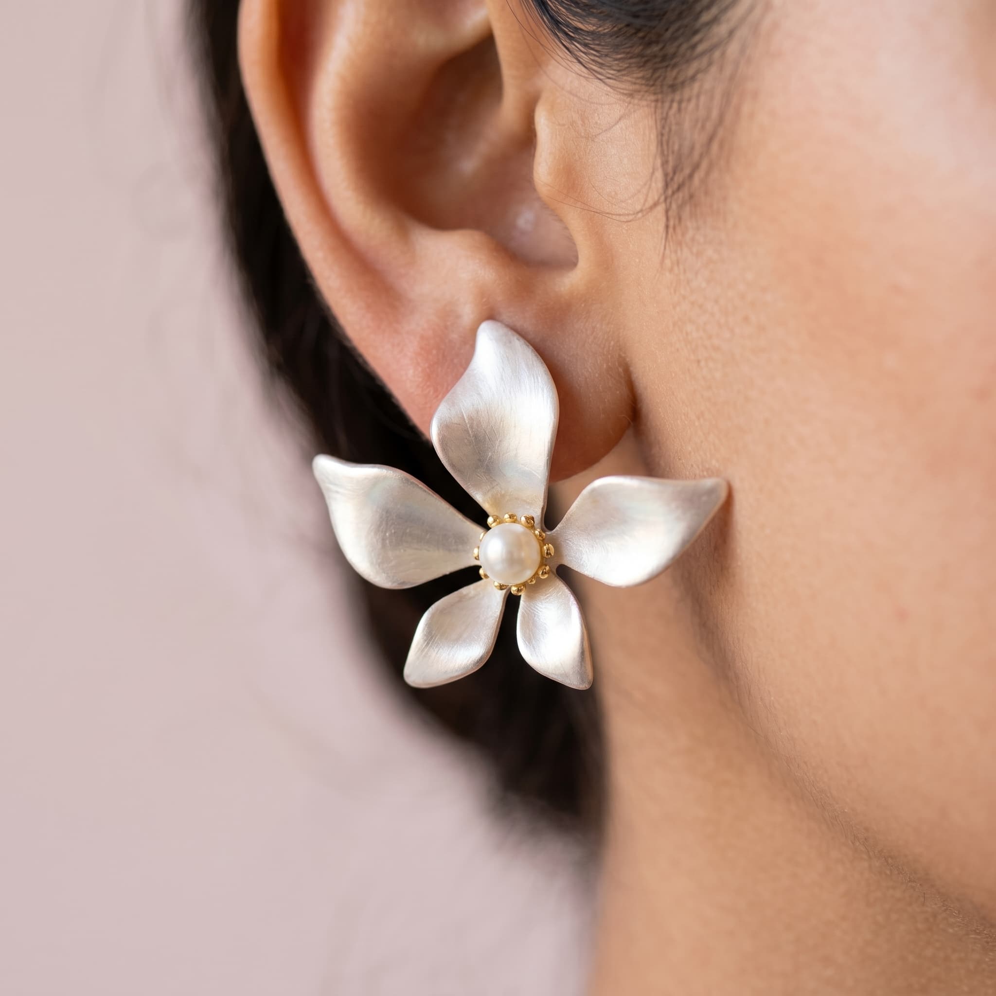 brushed silver floral studs