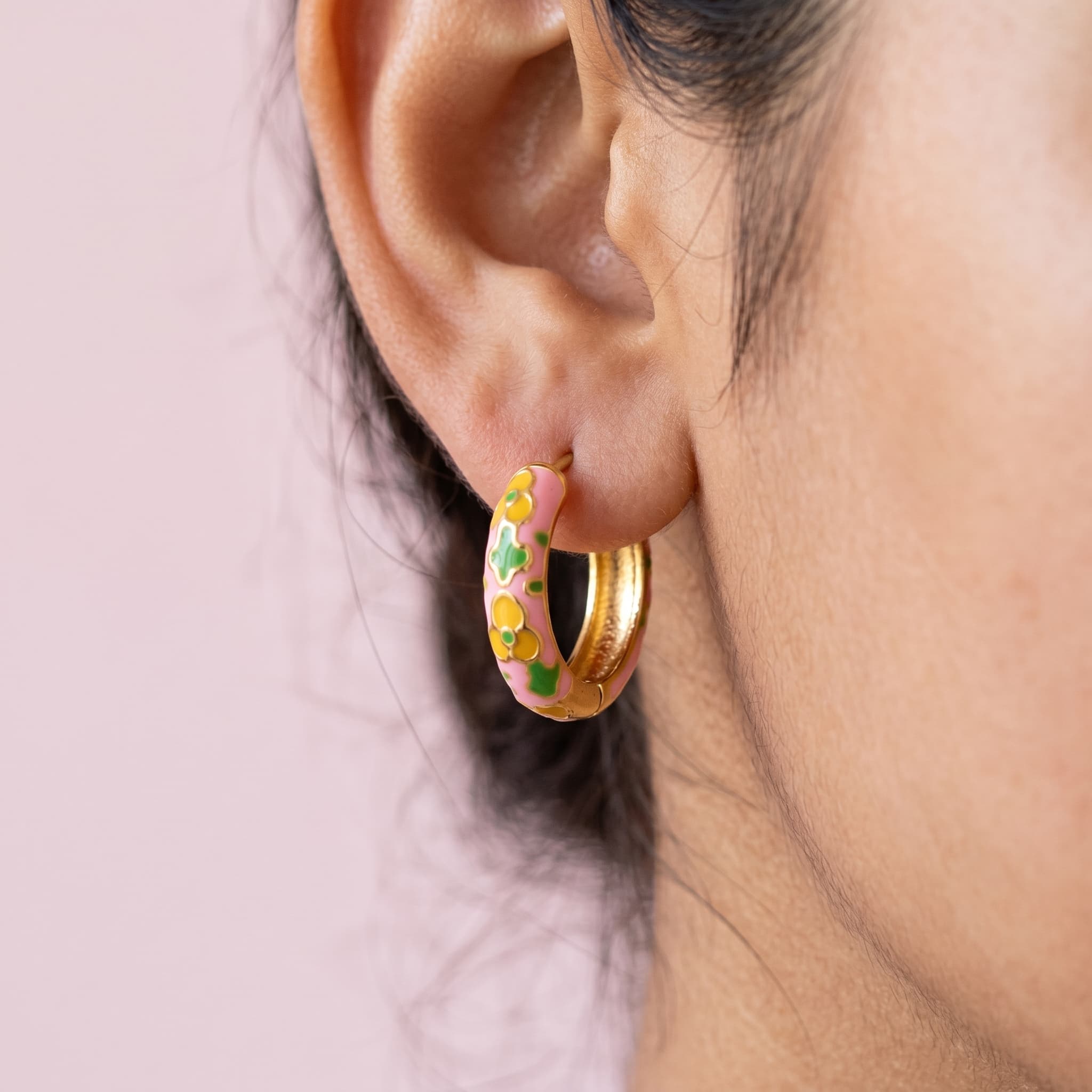 pink floral enamel huggie hoops