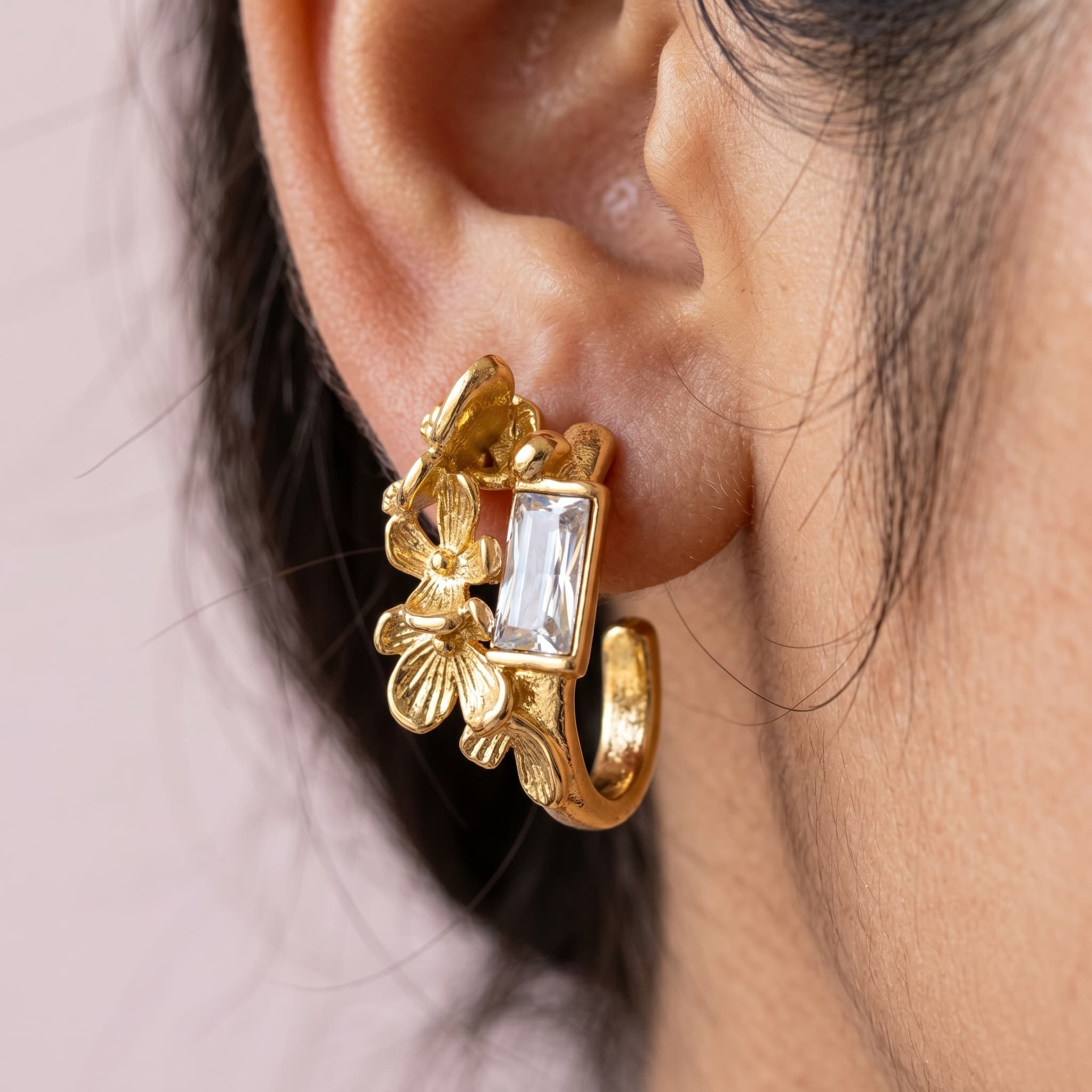 floral baguette gold hoops