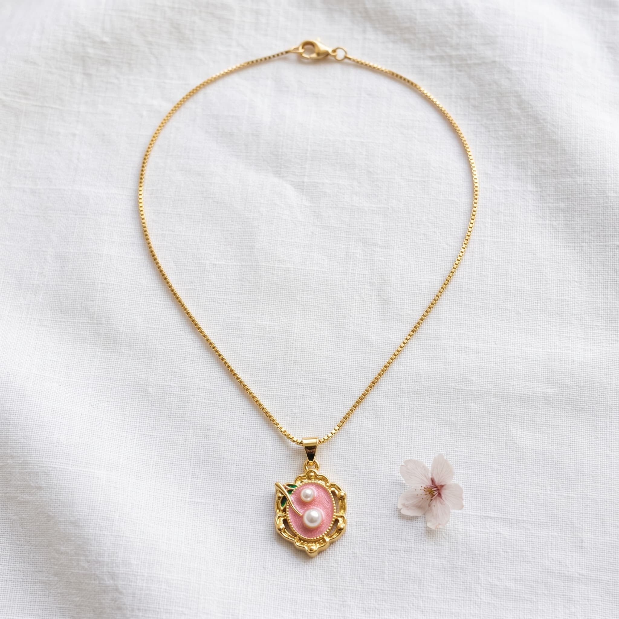 pink cherry pearl charm necklace
