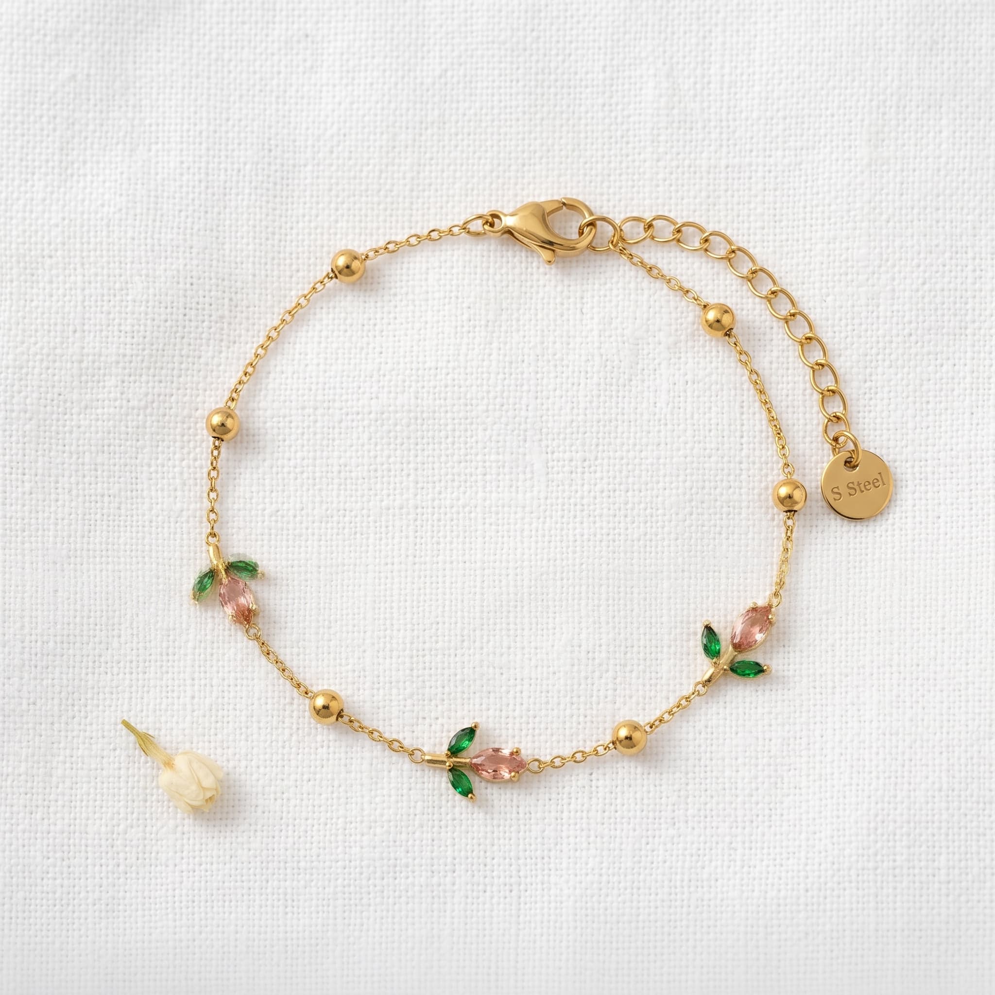 pink and green floral charm bracelet