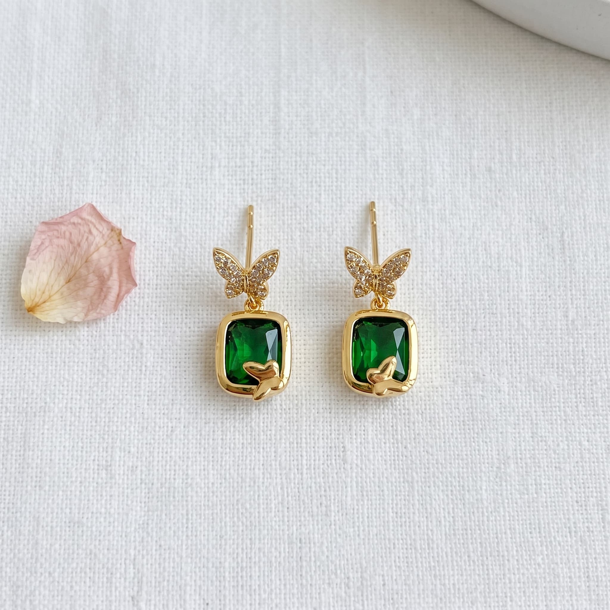 emerald butterfly drop studs
