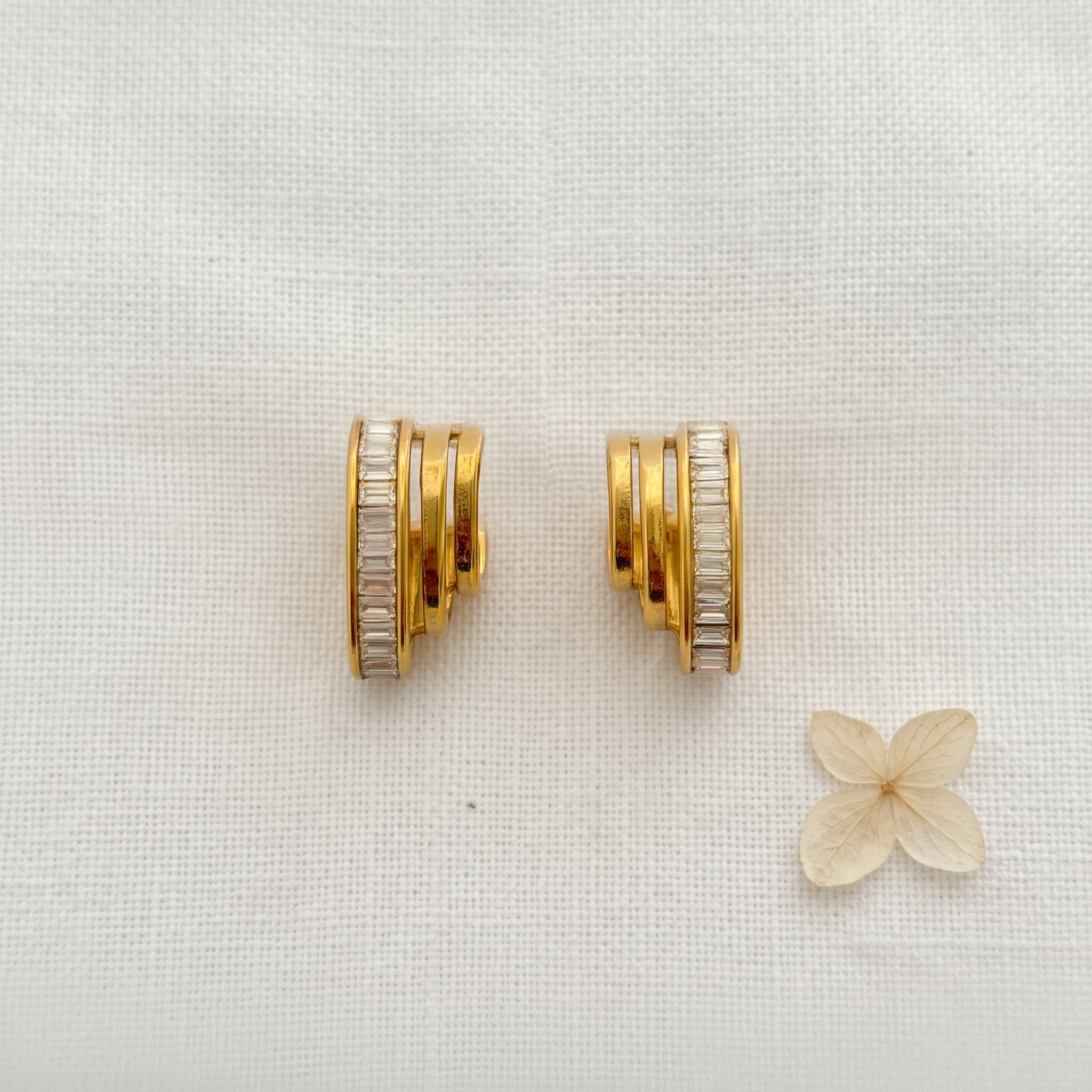 three layer baguette gold hoops