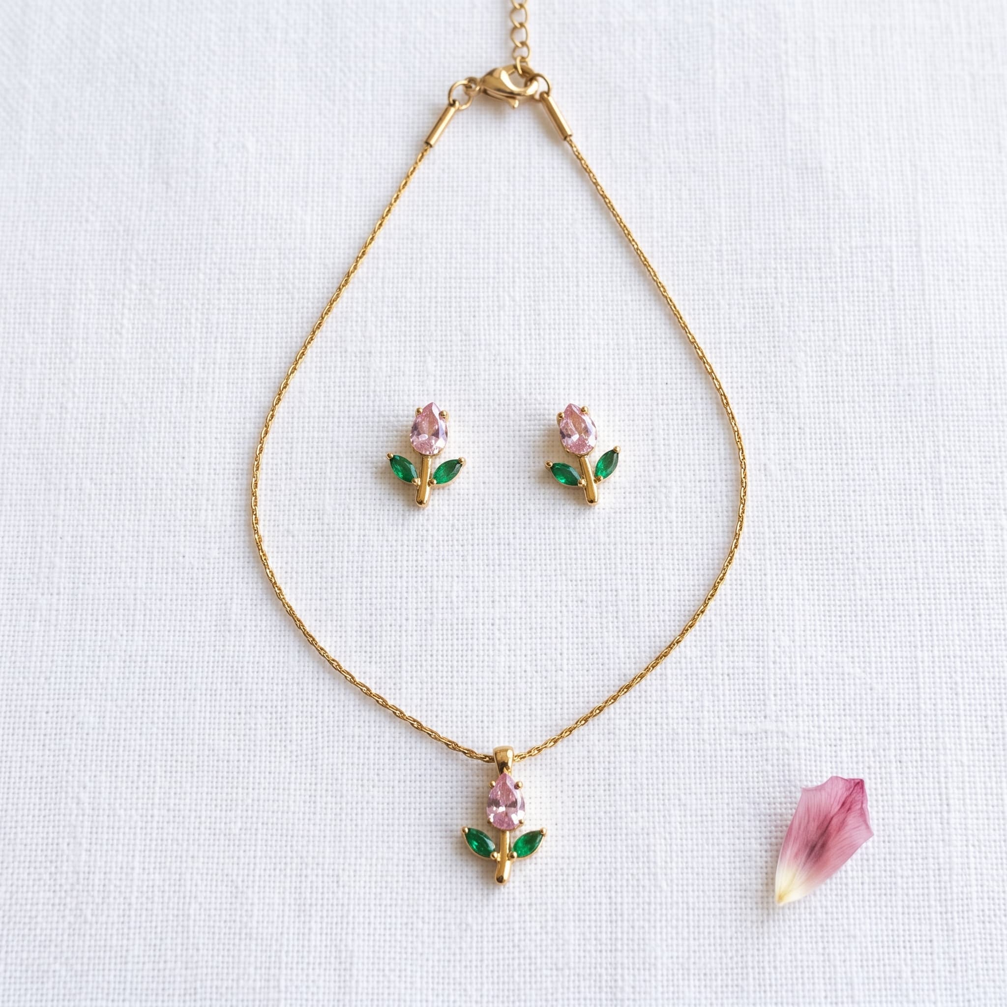 pink tulip charm necklace set