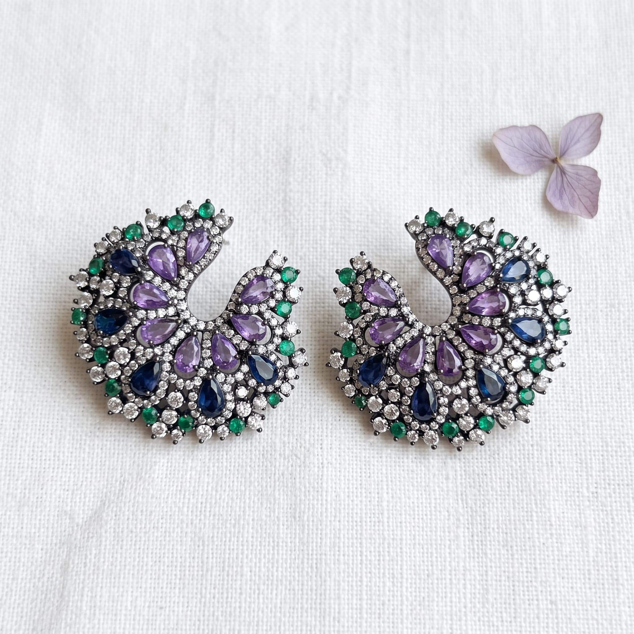multicolour gemstone crescent earrings