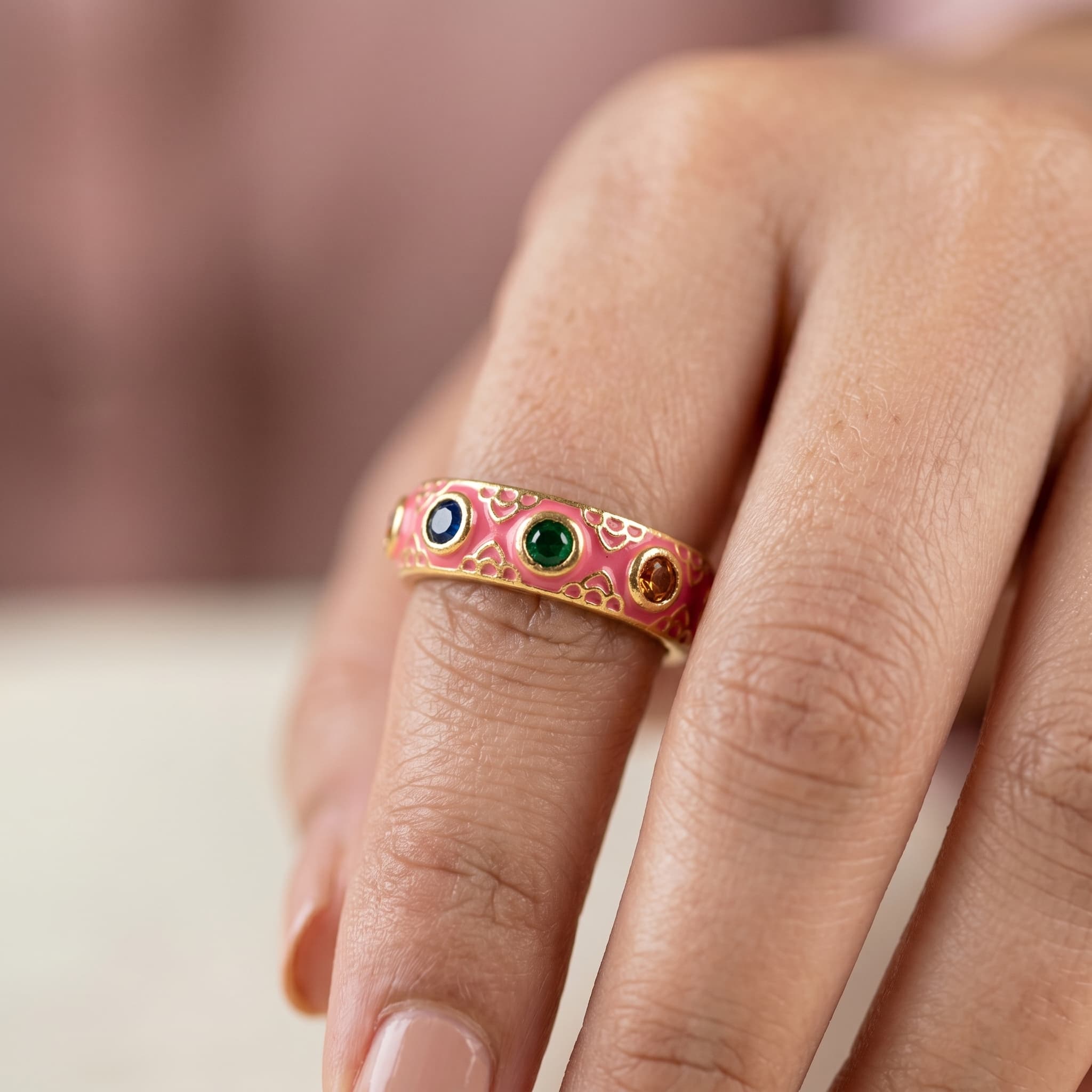 pink enamel multi stone ring